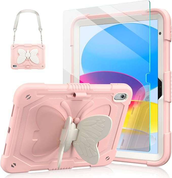 Ambison Kids Case for iPad A16 11th/10th Generation 11''/10.9'' Multicolor | 9H Tempered Glass Screen Protector Butterfly Stand Shoulder Strap Heavy DutyShockproof Pencil Holder