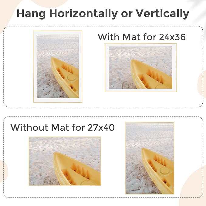 27x40 Metal Picture Frame For Wall With Mat For 24x36, 27''x40'' Aluminum Photo Frames With Tempered Glass For Home Decor, Minimalist Modern Poster Frame Horizontal And Vertical Formats, Gold