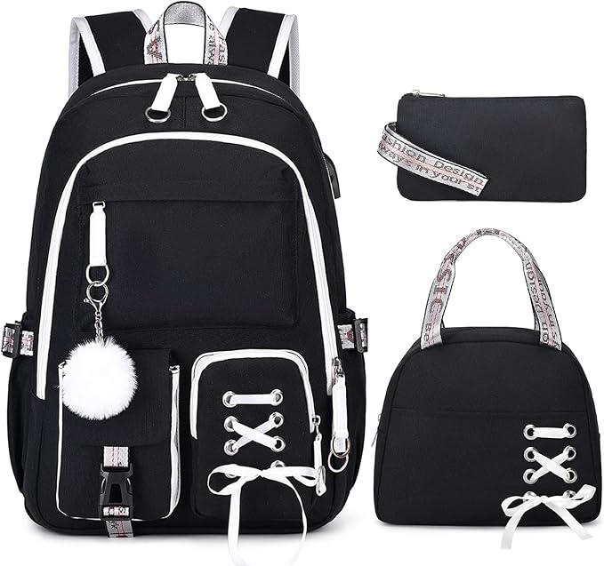 Backpacks for Girls, Girls Backpack with Lunch Box and Pencil Case for Teen Kids Elementary Middle High School College Student, Children School Backpack Bookbag with USB Charging Port (Black)