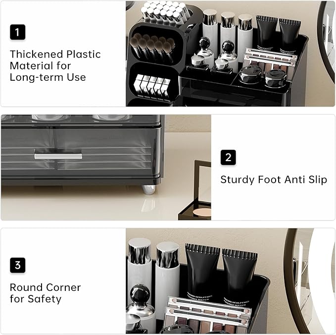 Makeup Organizer for Vanity with Brush Holder, Countertop Organizer with 2 Drawers, Spacious Cosmetic Display Case for Beauty Essential, Skincare, Lipstick