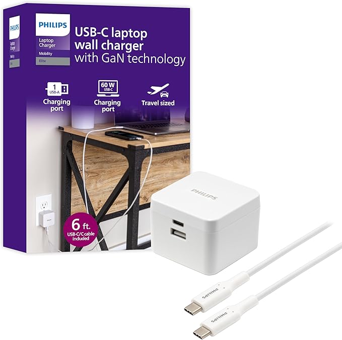 Philips USB Wall Charging Kit, 60W GaN USB C Charger Block with 6ft Braided Cord, Dual Port USB Cube for iPhone 16 Series, 15 Series, iPad Pro, Foldable Plug, White Charging Box, DLP3523W/37