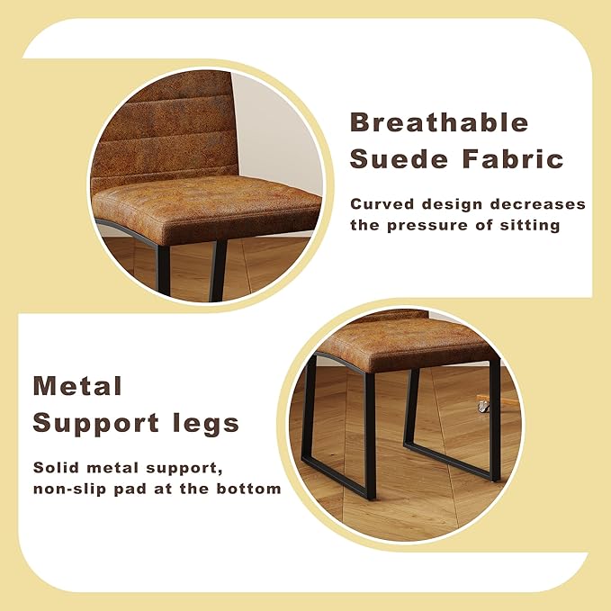 Modern Dining Chairs Set of 4, White Faux Leather Kitchen Chairs, Upholstered Armless Dining Room Chair with Gold Mental Legs Heavy Duty, Comfortable (Brown Chiars, Set of 4)