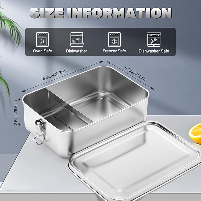 Umigy 1 Pcs Stainless Steel Food Containers 1400ml Metal Bento Lunch Box Stainless Steel Food Storage Containers, Lockable Clips to Leak Proof, Reusable Dishwasher Snack Boxes for Work
