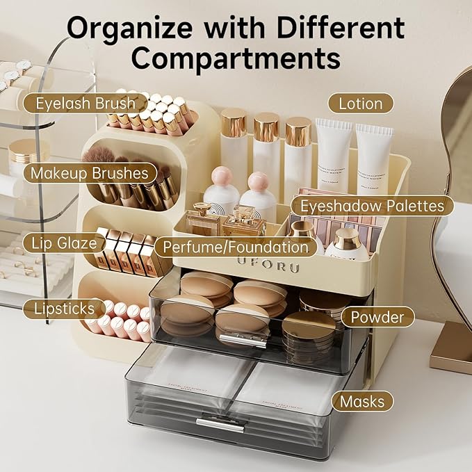 Makeup Organizer for Vanity with Brush Holder, Countertop Organizer with 2 Drawers, Spacious Cosmetic Display Case for Beauty Essential, Skincare, Lipstick