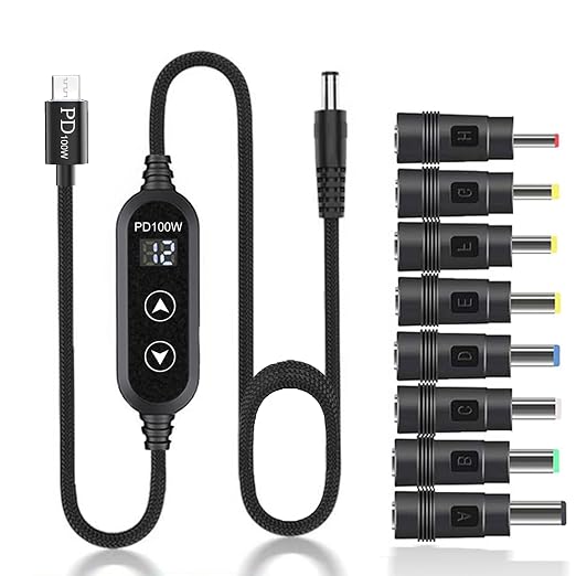 100W USB C to DC Charger Barrel PD Trigger Cable with 8 DC Conversion Heads and LED Display Screen DC 5V/9V/12V/15V/20V to DC Adapter Cable for Netbook Tablets Led Light Routers (3.9ft)