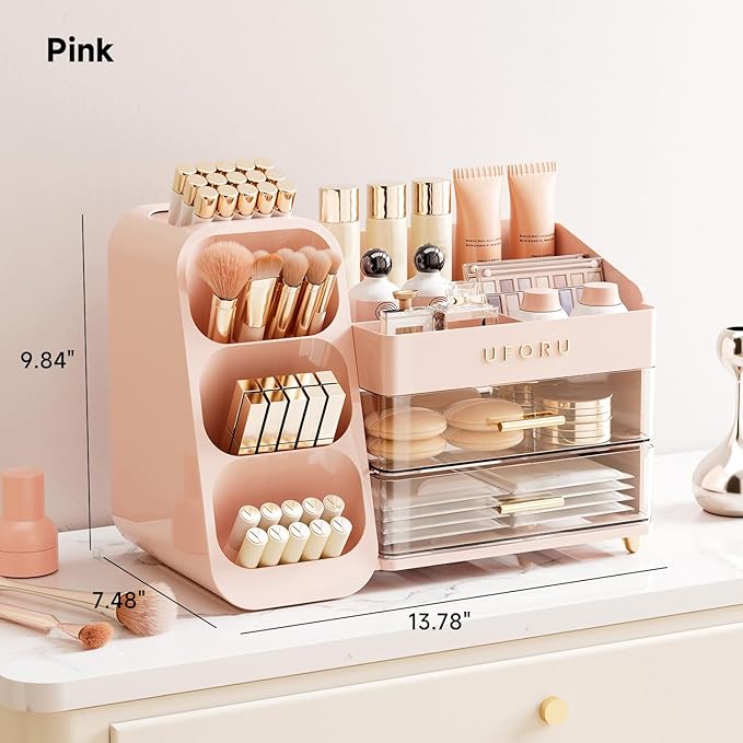 Makeup Organizer for Vanity with Brush Holder, Countertop Organizer with 2 Drawers, Spacious Cosmetic Display Case for Beauty Essential, Skincare, Lipstick