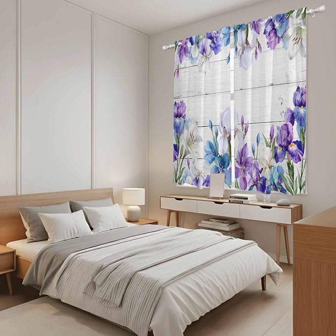 Spring Flowers Kitchen Curtains, Watercolor Garden Florals Wooden Grain Light