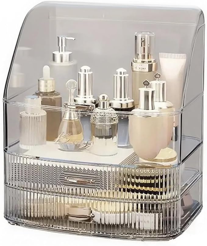 Clear Makeup Organizer Countertop with Drawers and Lid, Dustproof Organizers and Storage for Bathroom Vanity, Ideal for Cosmetic, Beauty Supplies -White