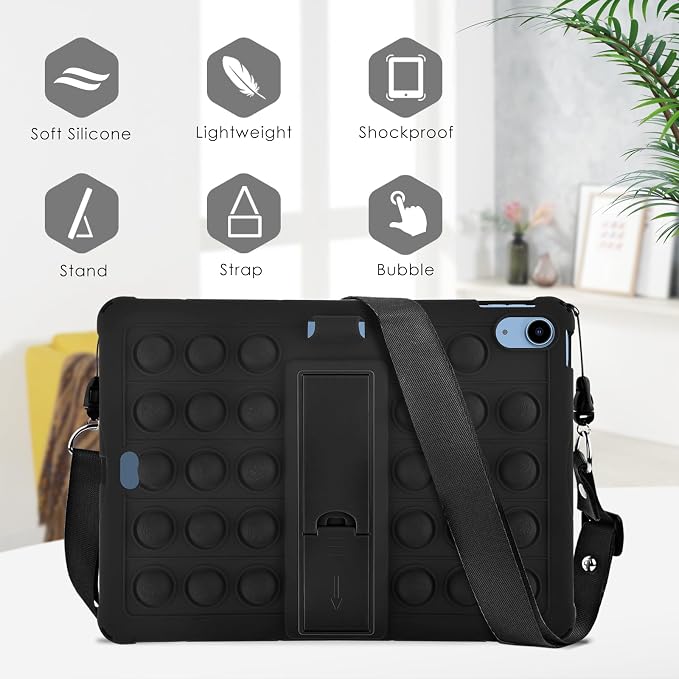 DETUOSI Silicone Case Compatible with iPad (A16) 11th Generation 11 Inch 2025 for iPad 10th Gen 10.9 Soft Case with Shoulder Strap &amp Stylus Pen Multi-Viewing Angles Black