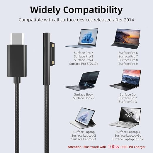 PD100W USB-C Charger Cable Compatible with Surface Pro Laptop Microsoft Surface Pro 10/9/8/7+/7/6/5/4/3/X Windows Surface Laptop 6/5/4/3/2/1 Surface Go Tablet Surface Book Support 65W/45W6FT