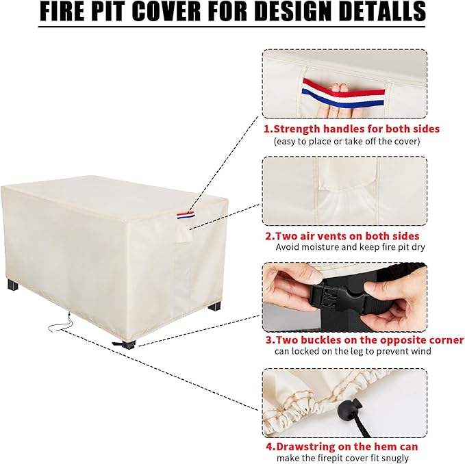 Youlvy Fire Pit Cover Rectangular 44 Inch - Waterproof Outdoor Fire Table Cover Rectangle Heavy Duty, 600D Patio Propane Gas Firepit Cover Rectangular Tear Weather Resistant - 44 x 28 x 25 Inch Beige