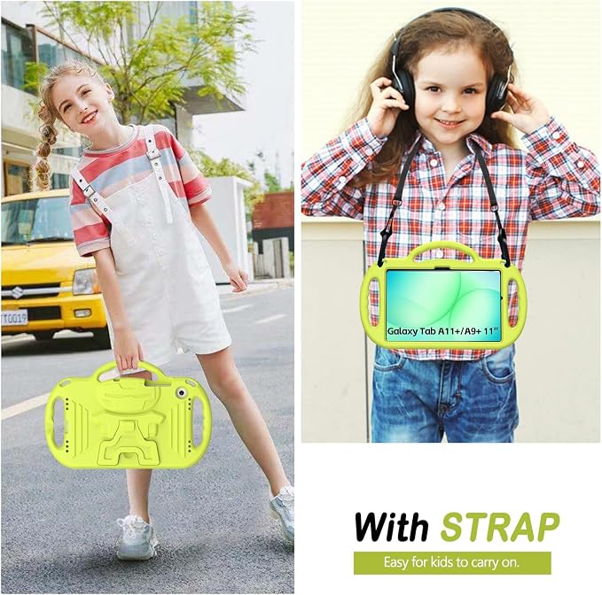 Kids Case for Samsung Galaxy Tab A11+ Plus/A9+ Plus 11 Inch Case with Strap Shockproof Lightweight Handle Stand 2025/2023 Model with Lanyard Black