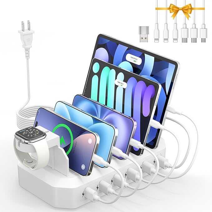 𝟐𝟎𝟐𝟓 𝐔𝐩𝐠𝐫𝐚𝐝𝐞𝐝 Charging Station for Multiple Devices【Smart IC Tech & Adjustable Dividers】 6-Port USB Charging Dock Compatible w/iPhone/Android/MacBook/Tablet/Kindle & Other Electronic