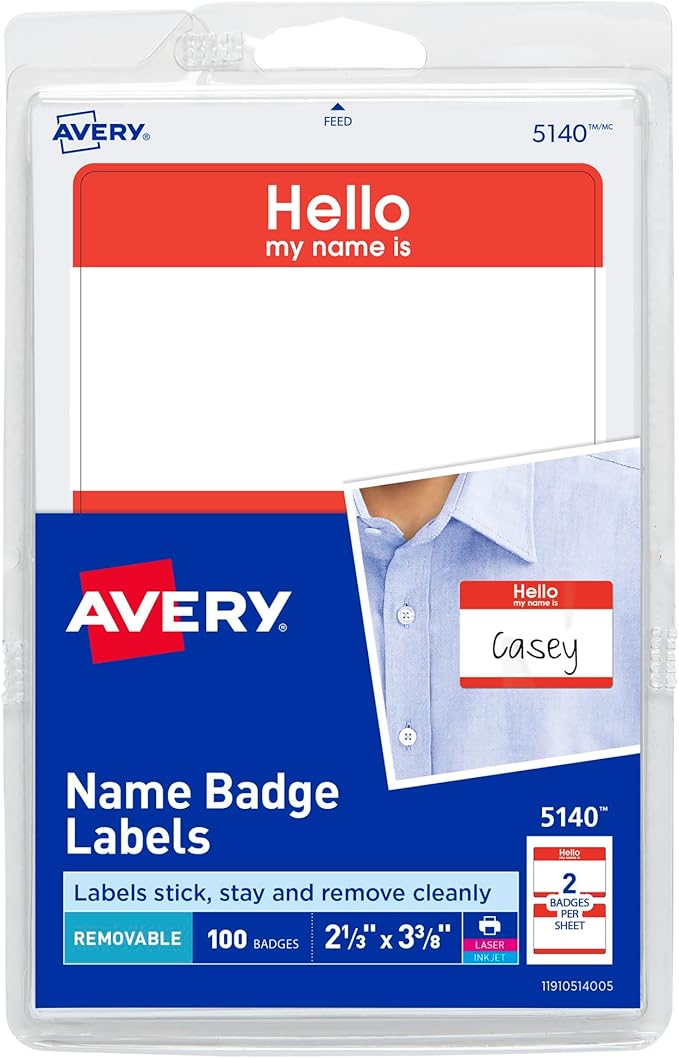 Avery Customizable Name Tags, Hello My Name is, White, Red Border, Removable Adhesive, Laser/Inkjet Printable, 100 Total (5140)