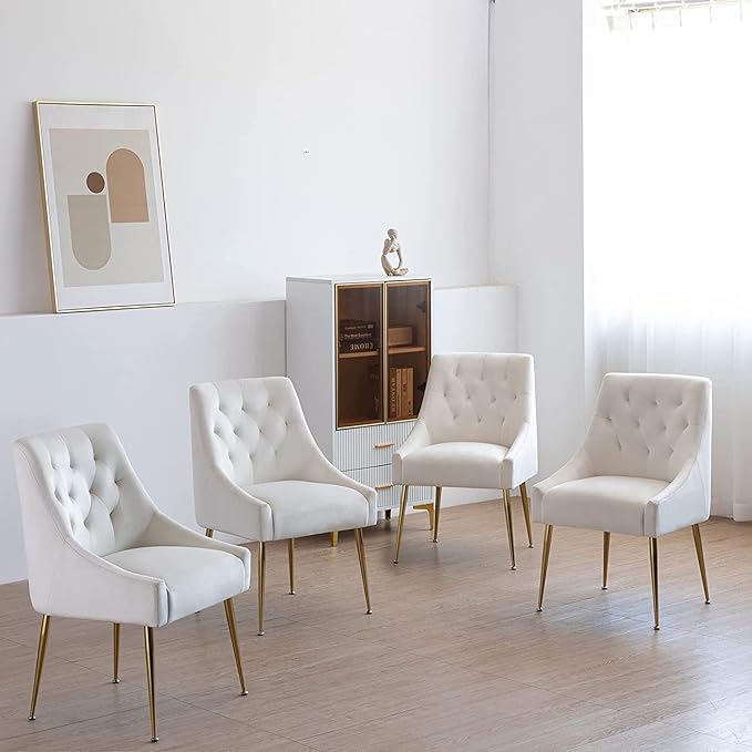 Modern Dining Chairs Set of 6, Mid Century Chairs with 5.12” Cushions and Golden Legs, Velvet Upholstered Dining Chairs with Back Pull Rod, for Kitchen, Living Room, Beige