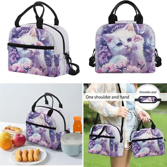 Cat School Bookbag for Girls, 3PCS Lightweight Kids Book Bag with Lunch Box Cute Pencil Case, Large Girls Backpack for School Elementary Middle High School Backpack, Purple
