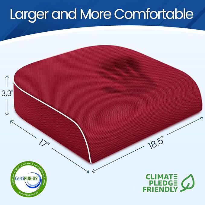 Seat Cushion for Tailbone Pain Relief, Office Chair Cushion, Memory Foam Large Chair Cushion with Non-Slip Cover for Soft Support at Office Chair, Car Seat, Airplane Red/X-Large