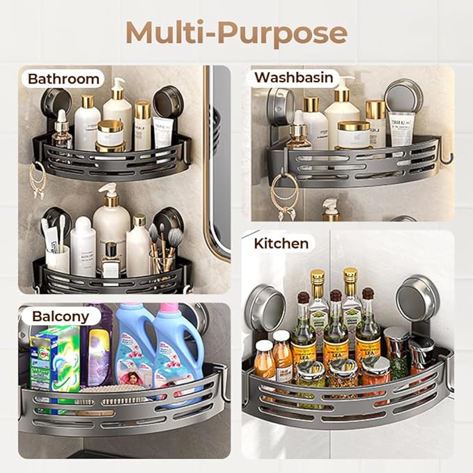 Triangle Suction Cup Corner Shelves, 2026 No Drilling Bathroom Storage Rack, Corner Shower Shelf Suction Cup Shower Caddy Corners Organizer Storage Rack Adhesive with Towel Bar (black, Double-layer)