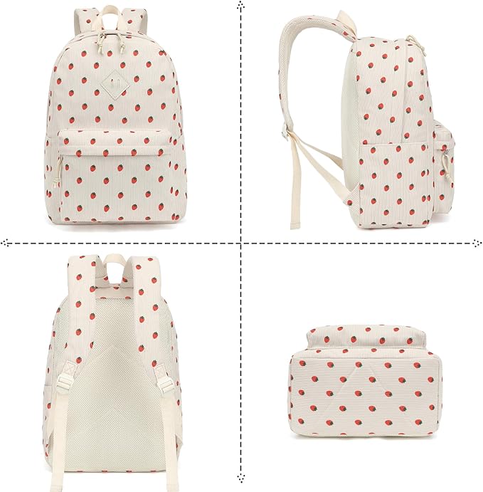 Corduroy Girls Backpack Set, 3PCS School Backpacks for Kids Elementary Middle School Bags with Lunch Box Pencil Case (Beige Corduroy Strawberry)