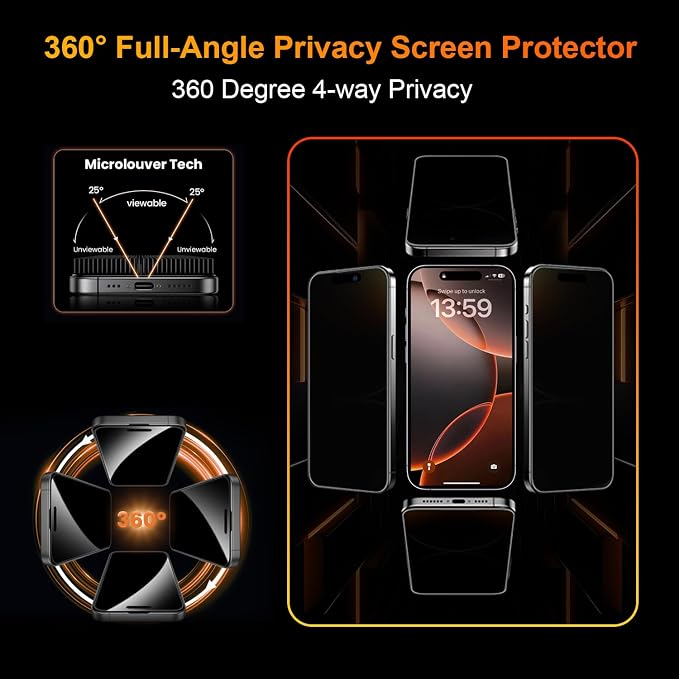 OneFish Screen Protector for iPhone 13 Pro Max / 14 Plus Privacy 4-Way 360° Anti-Spy Tempered Glass 9H Hardness HD Clear Anti-Fingerprint 3D Curved Edges Case-Friendly &amp Easy Installation