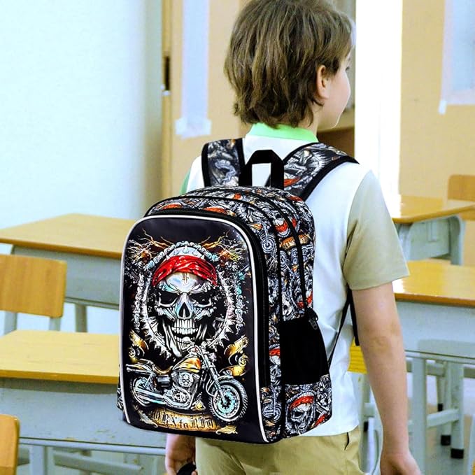 KLFVB 3PCS Kids Bookbag, 17" Boys Backpack and Lunch Box, Water Resistant Teenagers School Bag for Middle Elementary - Skeleton Motorcycle