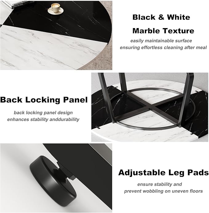 LVB Round Marble Dining Table, Modern Wood Metal Kitchen Dining Table, Industrial Small Dinner Room Table for 4 to 6 People for Living Room, Home, Apartment,Black and White Marble, 42 Inch