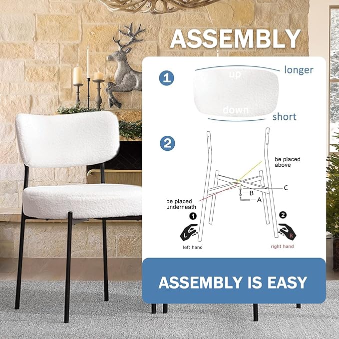 White Boucle Dining Chairs Set of 4, Upholstered Dinner Chair with Metal Frame, Dining Room Chairs with Padded Seat, Round Modern Seating for Living Room