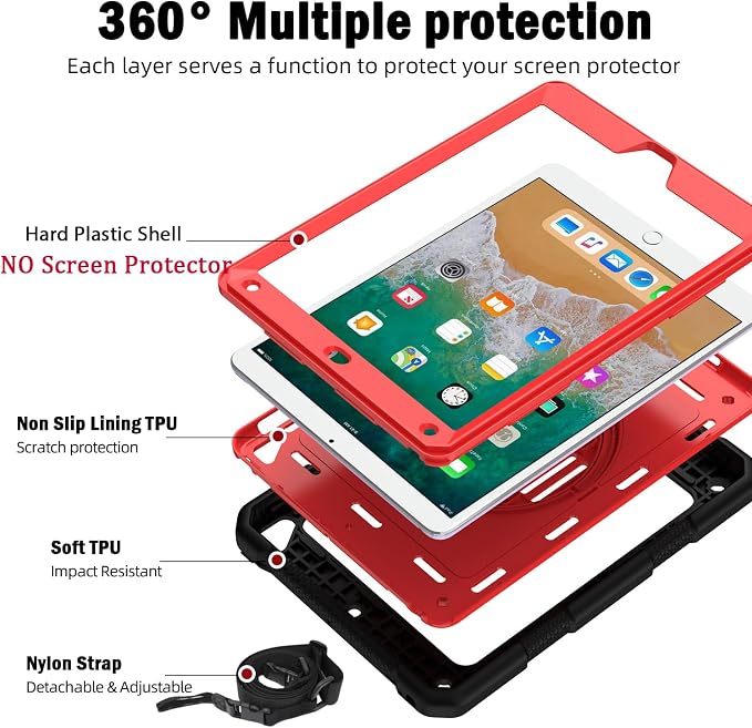 BMOUO Case for iPad 6th/5th Generation Case (9.7 inch 2018/2017) 360°Rotating Stand Hand/Shoulder Strap Shockproof iPad 9.7” Case for iPad Air 2 Black