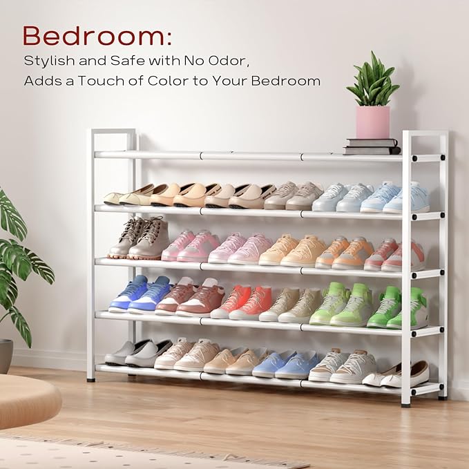 Bumusty 5-Tier Long Expandable Shoe Rack for Closet, 18"-44" Adjustable Shoe Rack for Entryway, 25-30 Pairs Large Shoe Organizer Shelf Storage, Sturdy Metal, White