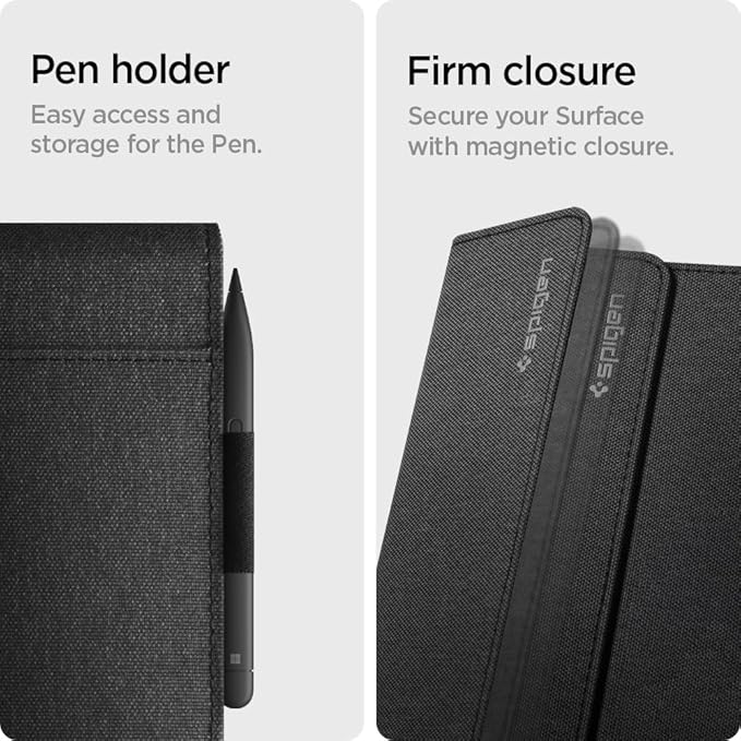 Spigen for Microsoft Surface Pro 11/10/9 Stand Folio Designed for Case Cover with Pen Holder Compatible with Type Cover Keyboard - Black