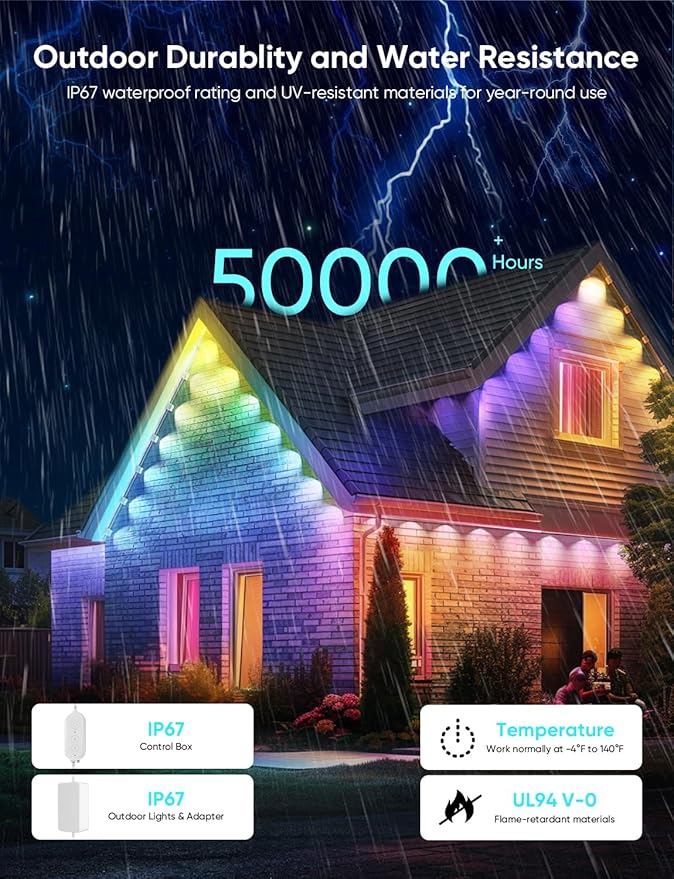 APPECK Permanent Outdoor Lights Pro 100ft, 72W RGBCW Eaves Lights with 72 LED Lights, 80lm, Cuttable, 111 Scene Modes, IP67 Waterproof Lighting for Christmas Decoration, Compatible with Alexa, White