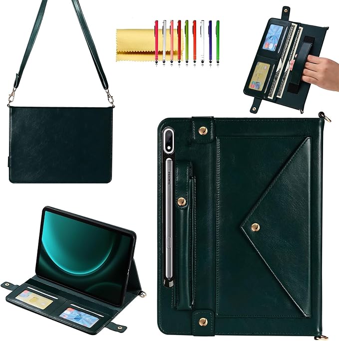 Handbag Case for Samsung Galaxy Tab S10 FE/S9 FE 10.9/S9/S8/S7 11 Techcircle Folio Stand Crossbody Wallet Protective Cover with S Pen Holder &amp Card Slots Hand Strap &amp Shoulder Strap Black