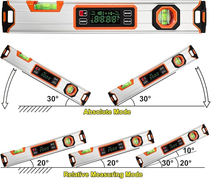 eOUTIL 15.7-Inch Digital Torpedo Level & Angle Finder – IP54 Waterproof Inclinometer with Backlit LCD, V-Groove Magnetic Base, 0.1° Accuracy – for Construction, Woodworking, Metalworking（Orange)