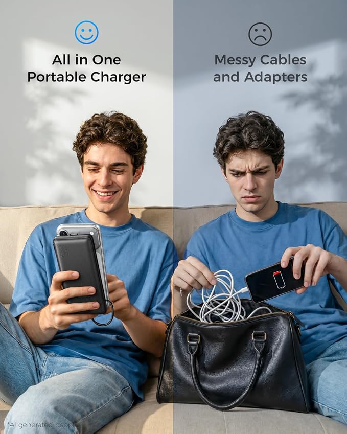 VEGER Portable Charger for iPhone Power Bank Built in Cable and Wall Plug | 10000mAhUltra Slim&ampCompact5 OutputsLED DisplayFlight-SafeTravel Essentials Battery Pack for iPhone 17iPad Samsun