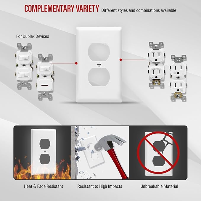 ENERLITES Duplex Wall Plates, Electrical Outlet Covers, Standard Size 1-Gang 4.50" x 2.76", Unbreakable Polycarbonate Thermoplastic, 8821-W-100PCS, White, 100 Pack