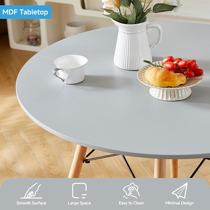 Round Dining Table Set for 4 35.5" Wood Dinner Table Circle Dining Table Kitchen Table Chairs Set of 4 with Wood Strip Base for Kitchen Living Room Space Saving Apartment(Grey)