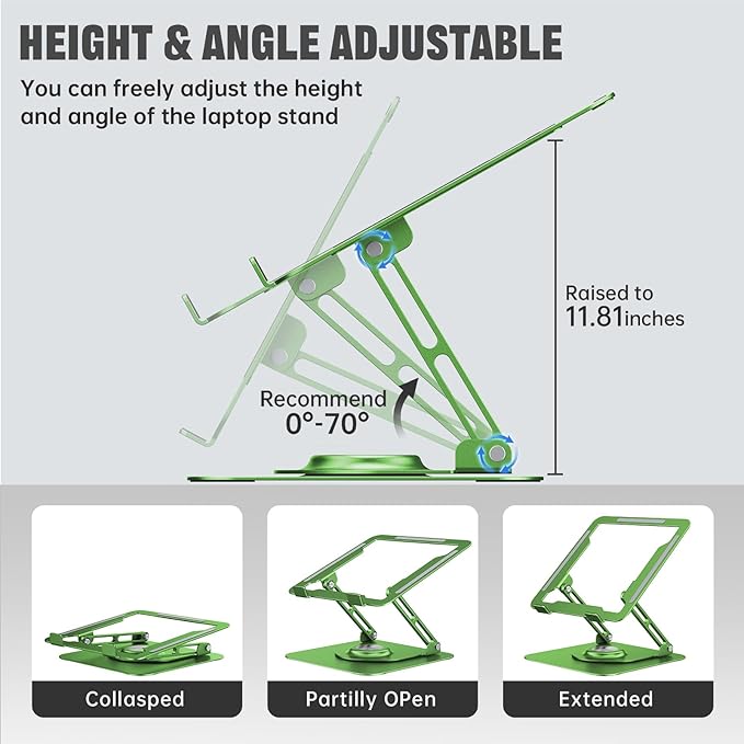 Laptop Stand for Desk, Adjustable Computer Stand with 360° Rotating Base, Ergonomic Laptop Riser for Collaborative Work, Foldable & Portable Laptop Stand, fits for All 10-16" Laptops (Green)