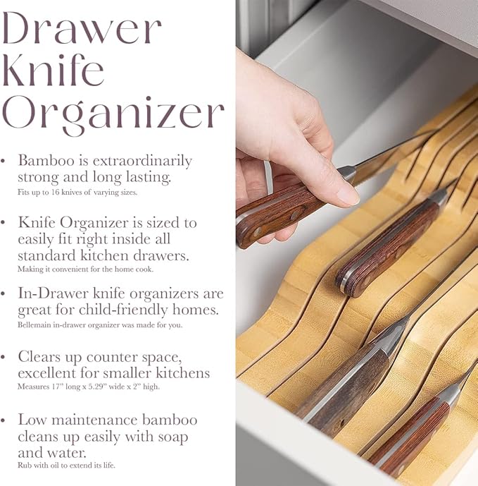 Bellemain 100% Pure Bamboo Knife Drawer Organizer, Knife Block - 16 Slots