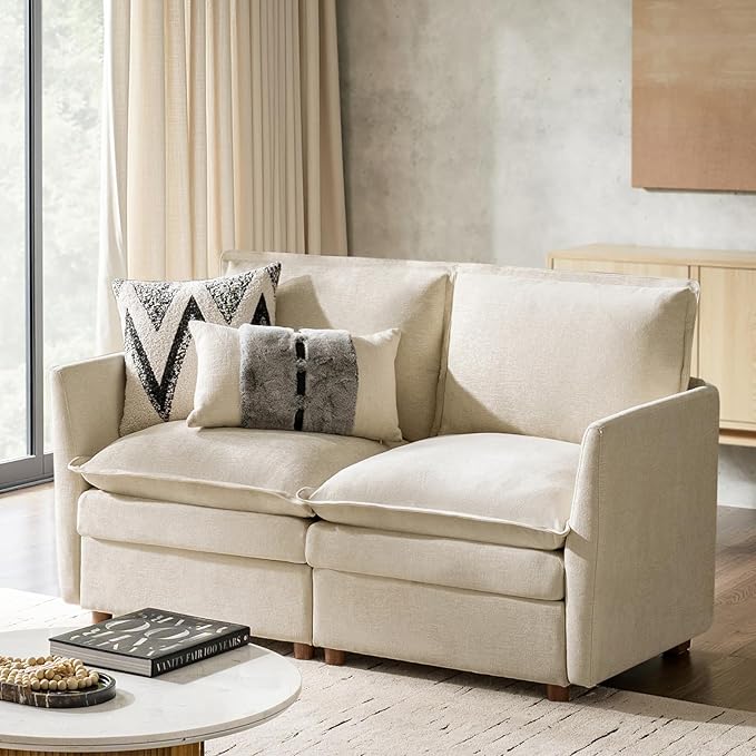 HULALA HOME 68'' Loveseat Sofa with Dual-Layered Cushions, 2 Seater Sofa with Storage Ottoman and Removable Cover, Modern Deep Seat Cloud Couch for Living Room, Beige