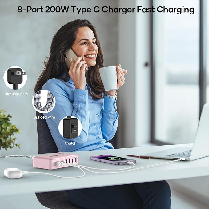 8-Port Multi Charging Stations 200W with Flat Plug Braided Power Cord and On/Off Switch- USB Charging Hub for iPhone iPad MacBook and More- 65W C Port Power Adapter for Laptops