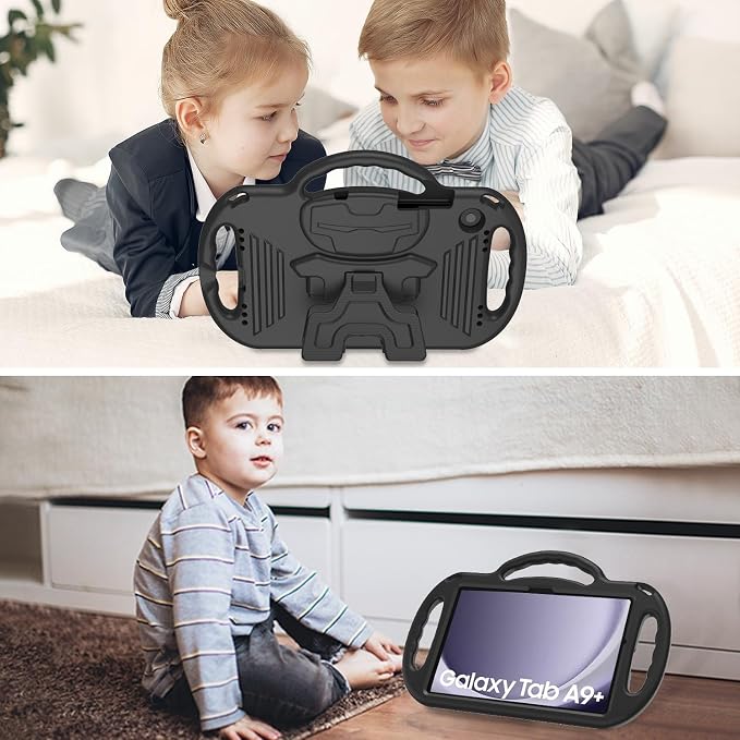 Kids Case for Samsung Galaxy Tab A11+ Plus/A9+ Plus 11 Inch Case with Strap Shockproof Lightweight Handle Stand 2025/2023 Model with Lanyard Black