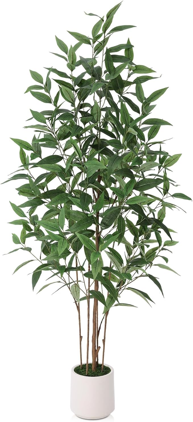 Artificial Eucalyptus Tree，5FT UV Resistant Fake Outdoor Plants,Artificial Plants Indoor with White Planter,Silk Leaves,Faux Tree for Home Decor Floor Porch Liveing Room