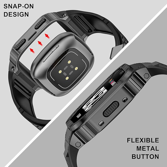 MioHHR Stainless Steel Case and Band Compatible with Fitbit Versa 4/3/2/Lite/Sense/Sense 2 Bands with Metal Case, Rugged Sports Protector Cover Silicone Wristbands for Men, Grey