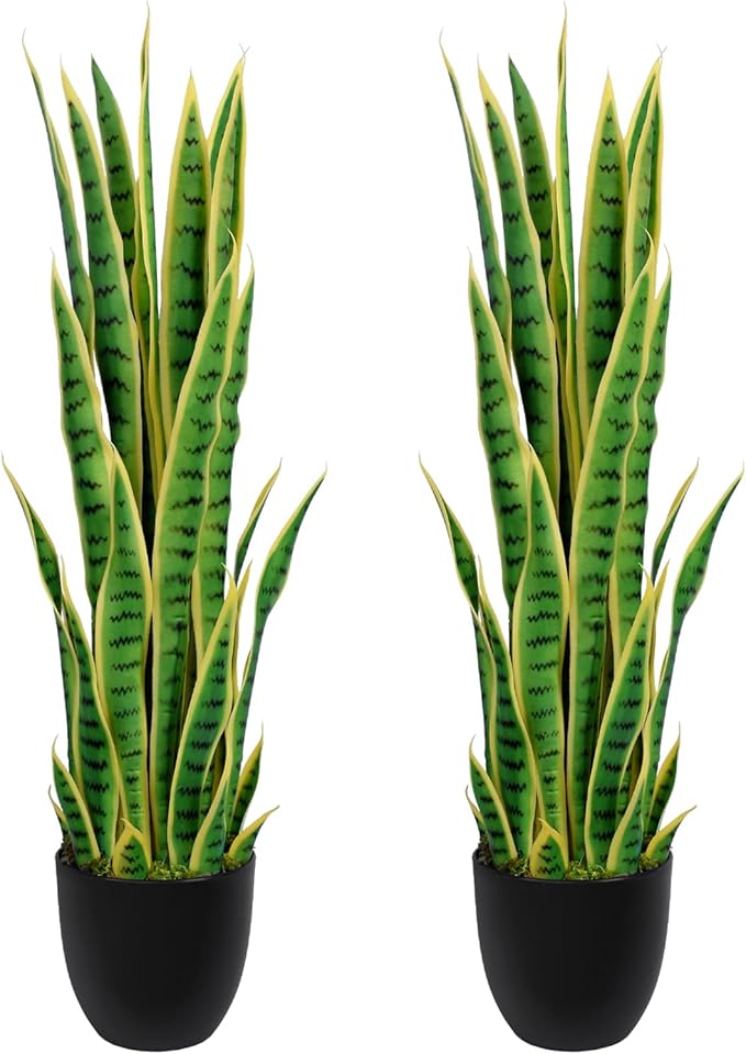 3ft Artificial Snake Plant – 36in Faux Sansevieria Plants, Fake Floor Plant for Indoor Outdoor, Front Porch Patio Home Office Decor, Mother-in-Law’s Tongue, Yellow 2Pcs