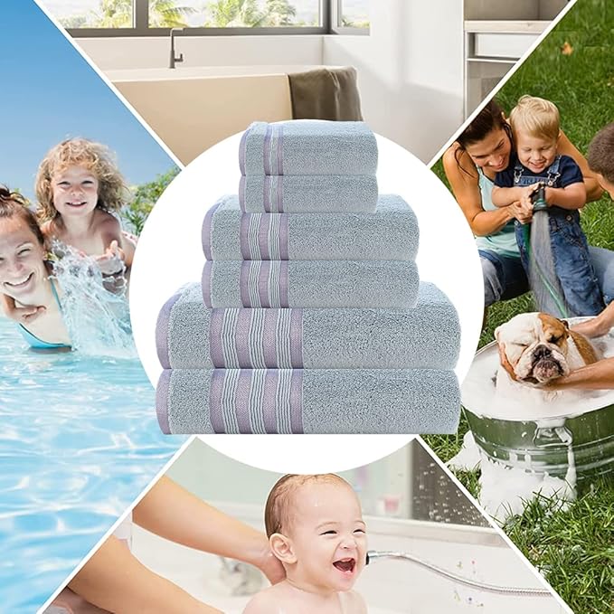 CASA COPENHAGEN Zero Twist, 6 Pieces Set 100% Cotton 0" Twist Towel Set- Grey Violet, 600 GSM, 2 Bath, 2 Hand, 2 Washcloths Made from Egyptian Cotton, Ultra Soft Luxury Towels for Bathroom.