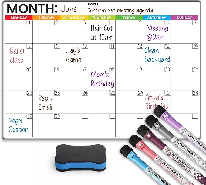 Refrigerator Calendar Magnetic Dry Erase - 17" x 12" Magnet Calendar for Fridge, Monday Start | Family Schedule Board, to-Do List & Work | Include 5 Markers & Eraser by Freedom Mastery