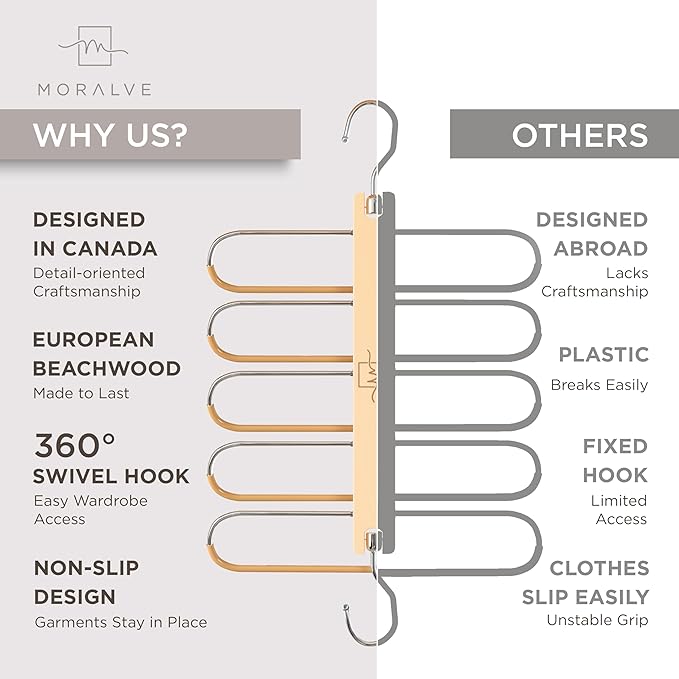 MORALVE Pants Hangers Space Saving - 2 Pack European Beechwood Scarf and Jean Hangers - Closet Organizer and Space Saver Pant Rack, Leggings Hanger, and Scarf Holder with 360° Swivel Hook