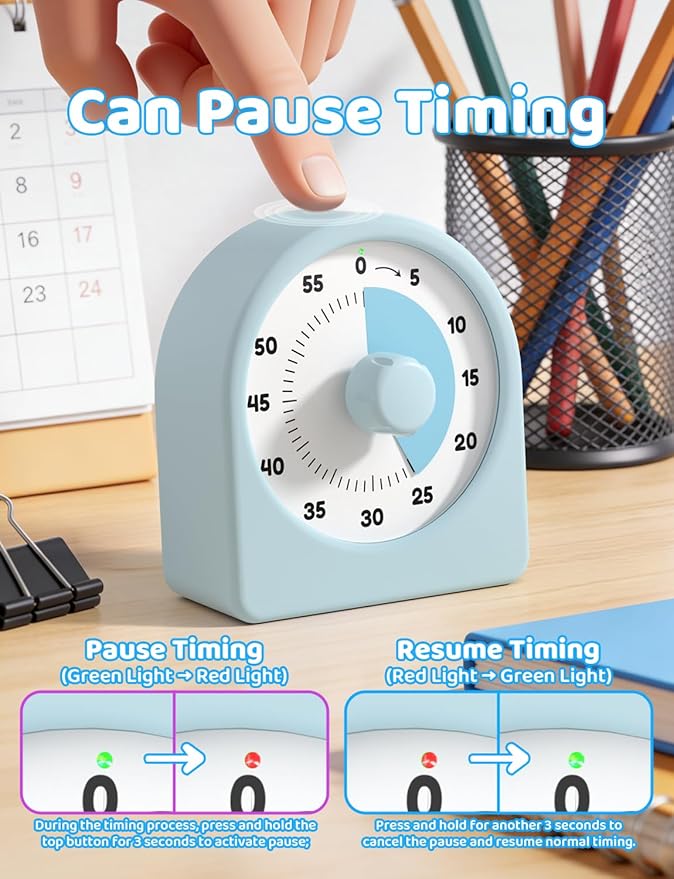 LIORQUE Visual Timer for Kids with Pause Function,Timer for Kids and Adults, Protective Case, Silent Time Management Tool, 60-Minute Countdown for Classroom, Office, Meetings, Study, Kitchen(Blue)