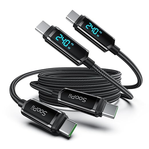 SOOPII USB C to USB C Cable [10FT2-Pack] 100W PD Fast Charging USB C Cable Nylon Braided Type-C Cable with LED Display for lPhone 15/15 Plus MacBook Pro Samsung Galaxy S22/S10 Pixel LG
