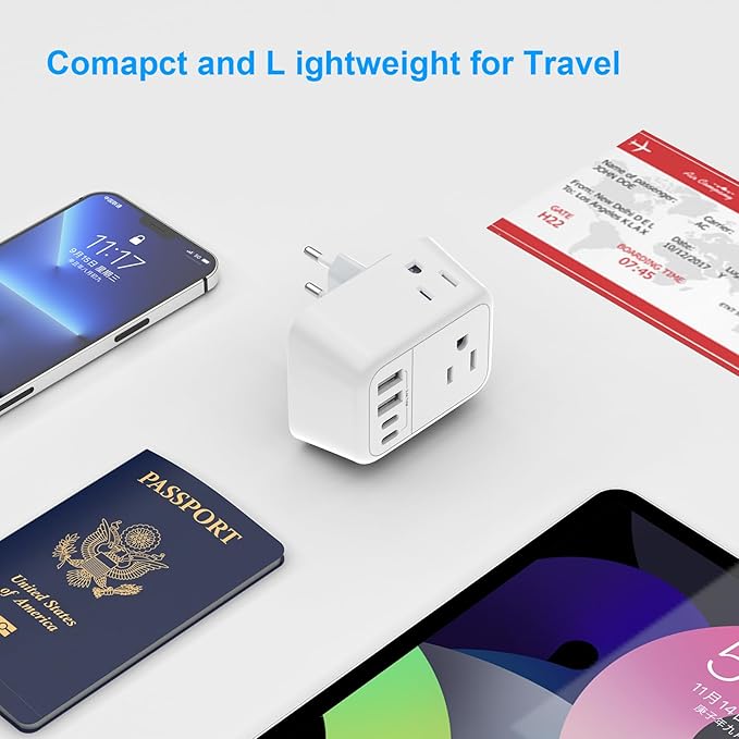 Travel Plug Adapter, International Plug Adapter with 4 AC Outlets 4 USB Ports(2 USB C), Travel Adapter Type C Travel Essentials for US to Most Europe France Germany Italy Spain [1 Pack]